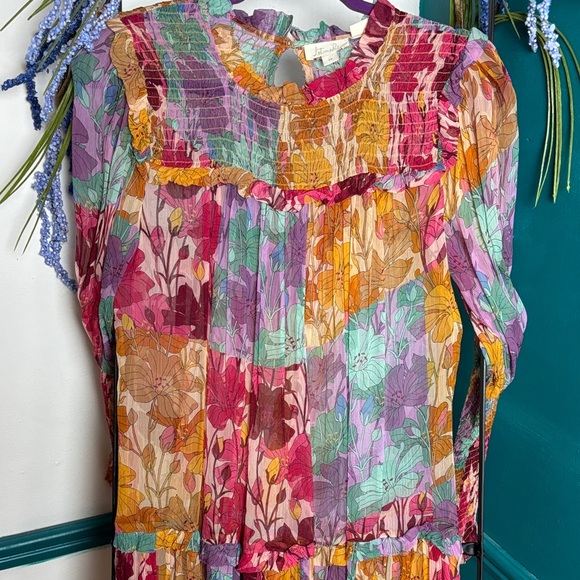 Anthropologie Multicolor Floral Pleated Midi Dress - Pink, Yellow, Purple, Green - Picture 9 of 12